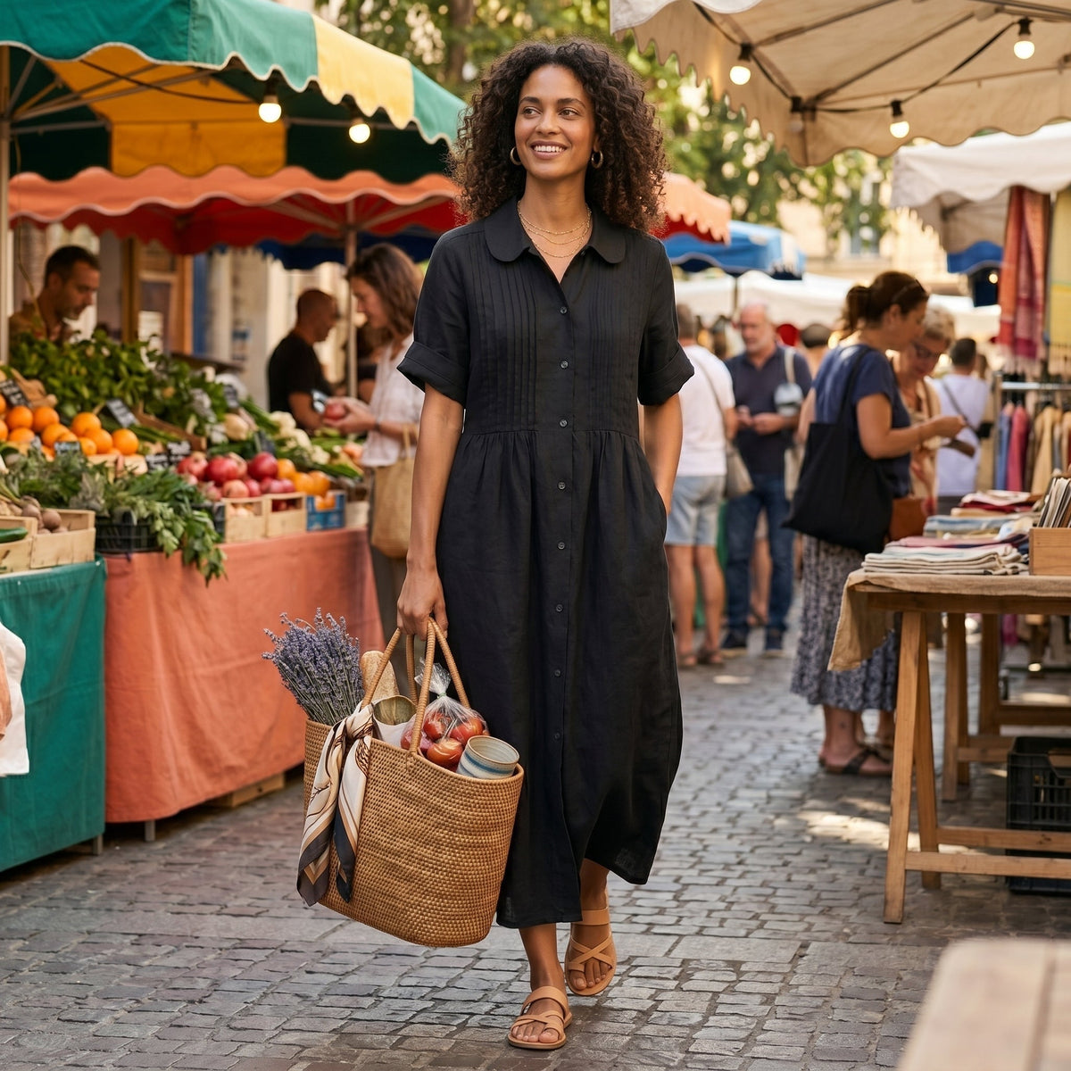Nuvara | Margarita | Vestido Largo Camisero de Lino Mujer Pliegues Frontales