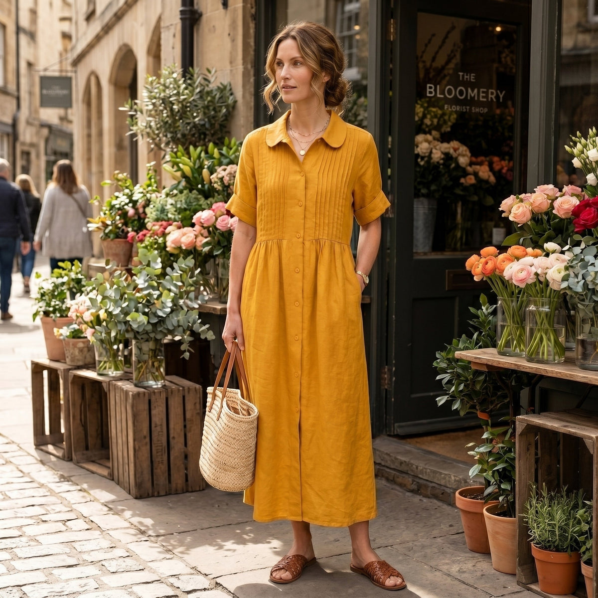 Nuvara | Margarita | Vestido Largo Camisero de Lino Mujer Pliegues Frontales