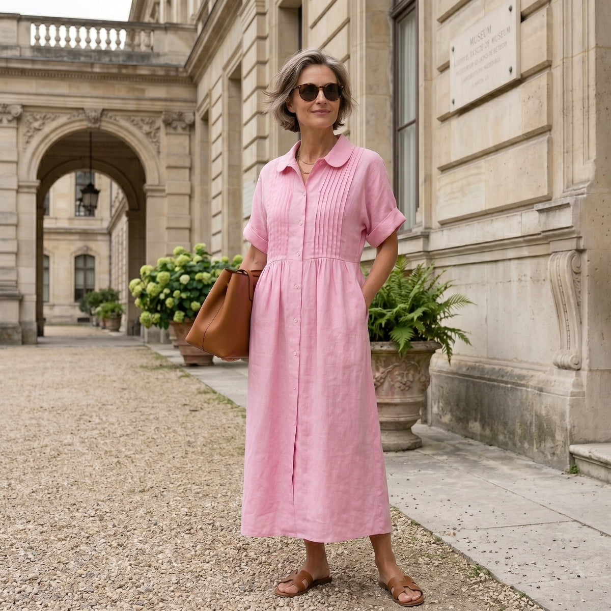 Nuvara | Margarita | Vestido Largo Camisero de Lino Mujer Pliegues Frontales