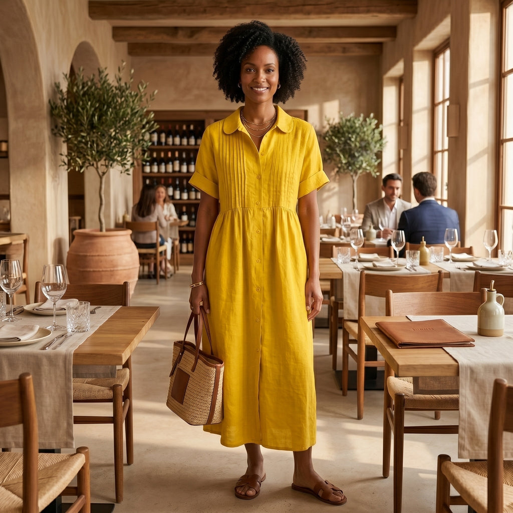 Nuvara | Margarita | Vestido Largo Camisero de Lino Mujer Pliegues Frontales