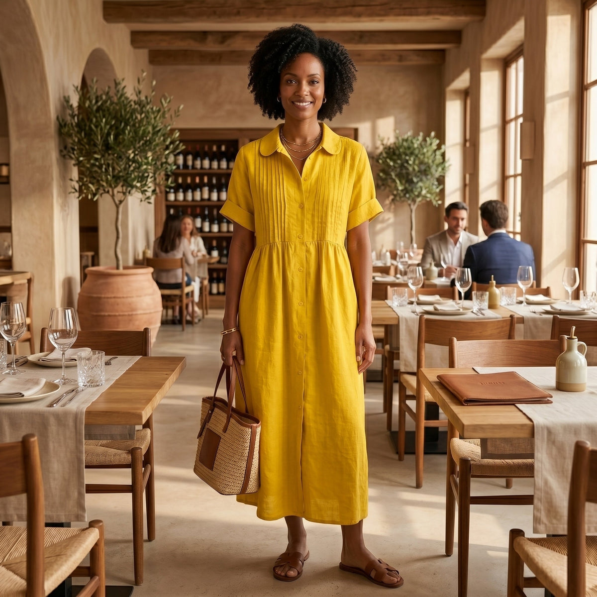 Nuvara | Margarita | Vestido Largo Camisero de Lino Mujer Pliegues Frontales