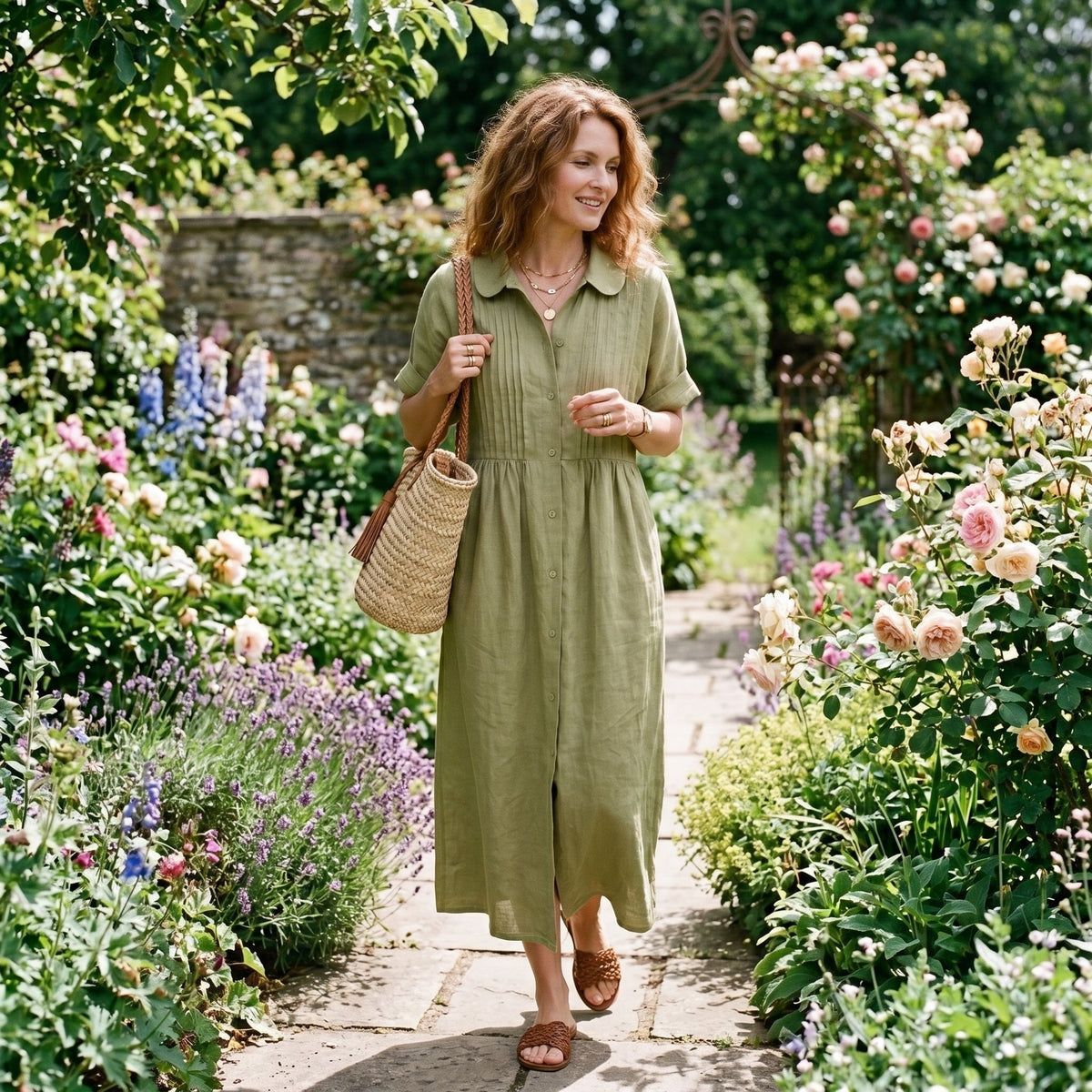Nuvara | Margarita | Vestido Largo Camisero de Lino Mujer Pliegues Frontales