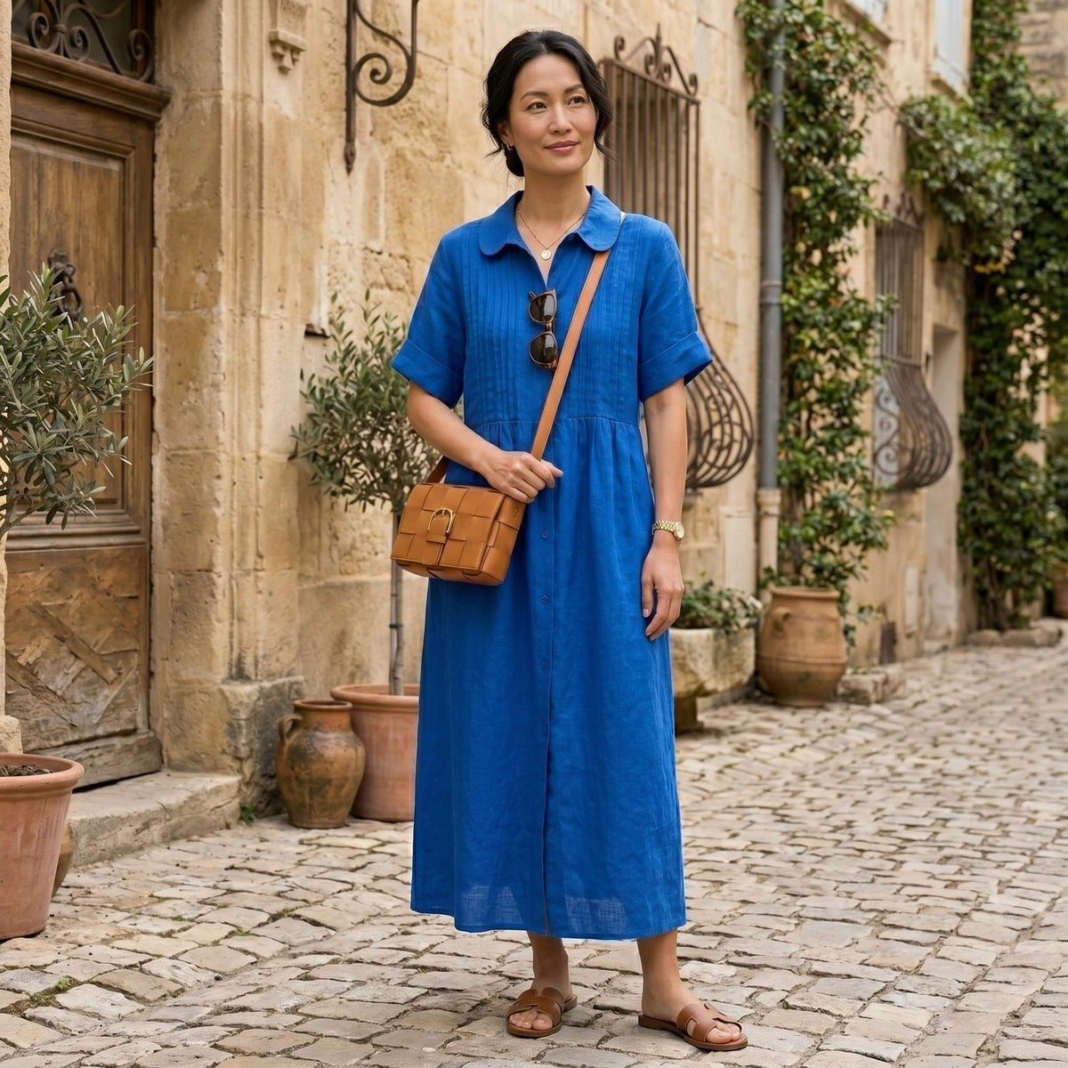Nuvara | Margarita | Vestido Largo Camisero de Lino Mujer Pliegues Frontales