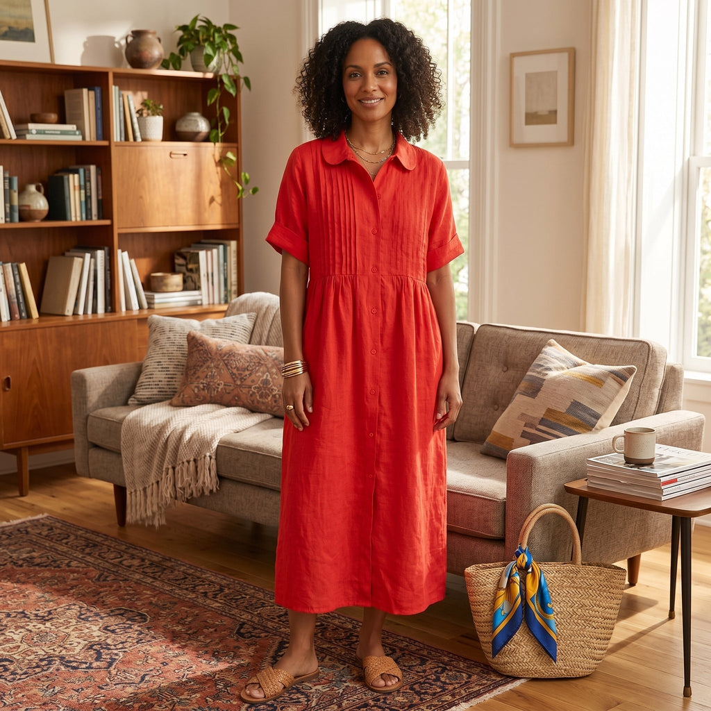 Nuvara | Margarita | Vestido Largo Camisero de Lino Mujer Pliegues Frontales