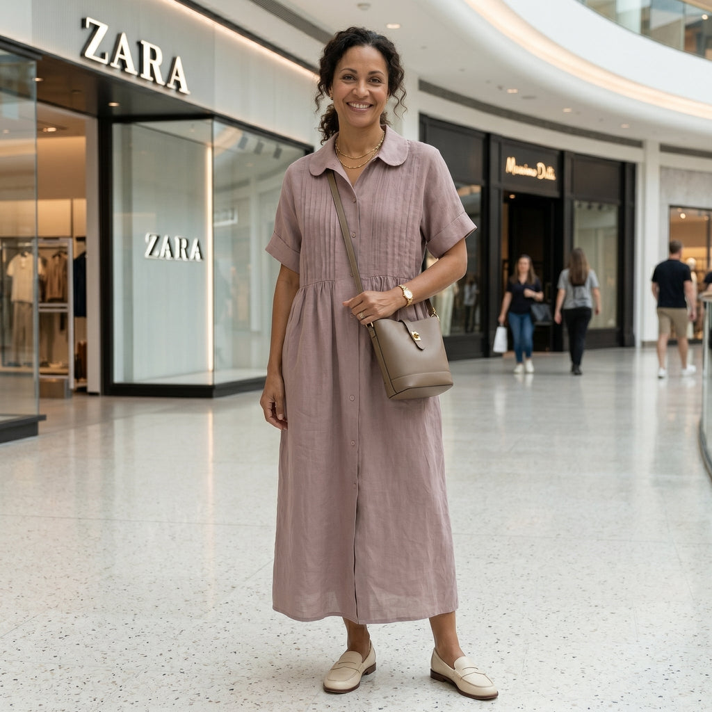 Nuvara | Margarita | Vestido Largo Camisero de Lino Mujer Pliegues Frontales