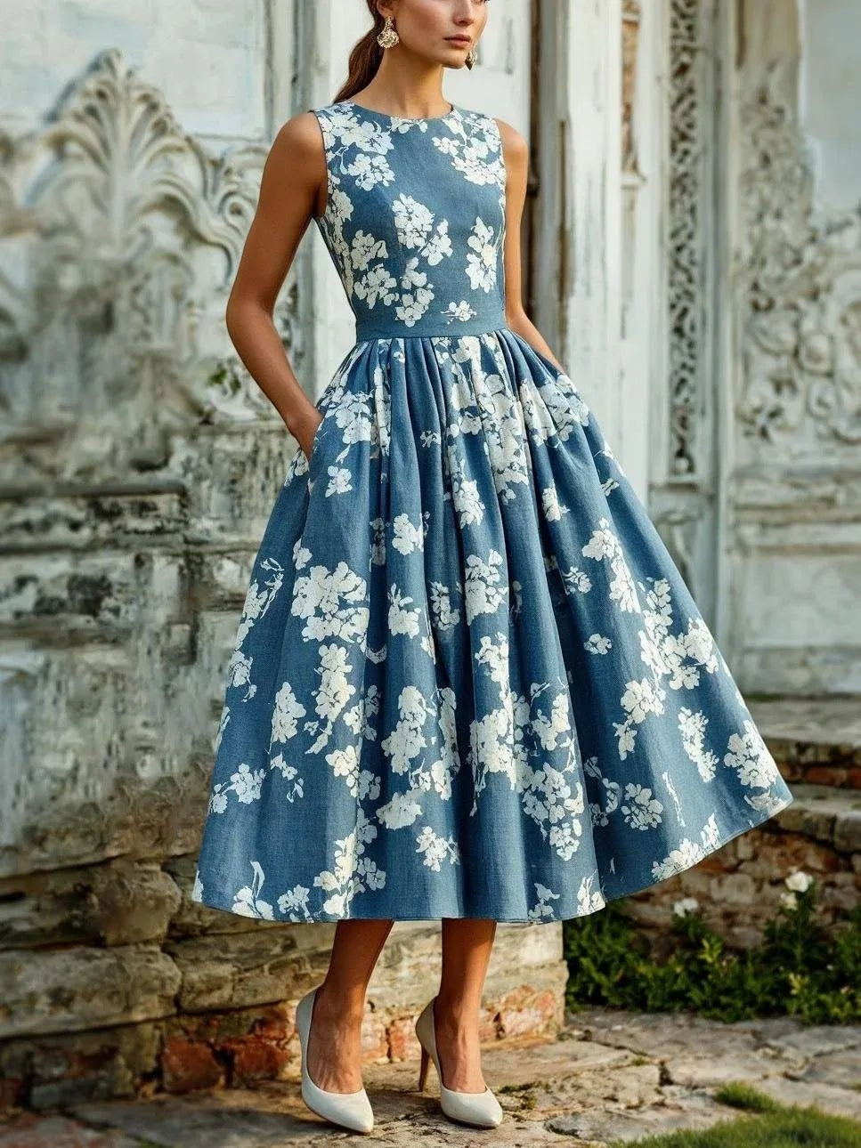 Nuvara | Marina | Vestido Midi Estampado Floral de Invitada Otoño Mujer Sin Mangas Plisado