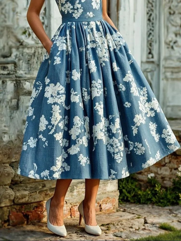 Nuvara | Marina | Vestido Midi Estampado Floral de Invitada Otoño Mujer Sin Mangas Plisado