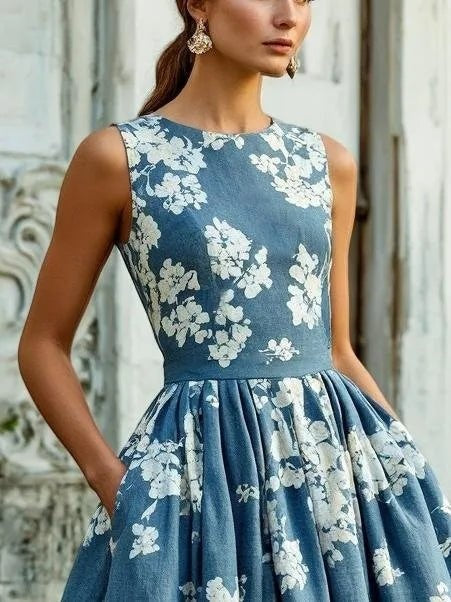 Nuvara | Marina | Vestido Midi Estampado Floral de Invitada Otoño Mujer Sin Mangas Plisado