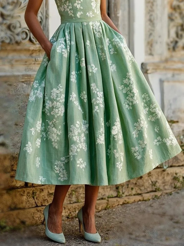 Nuvara | Marina | Vestido Midi Estampado Floral de Invitada Otoño Mujer Sin Mangas Plisado