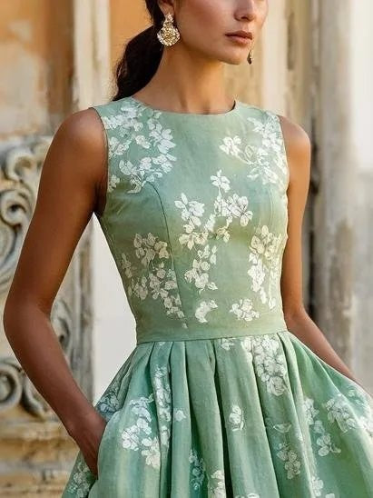 Nuvara | Marina | Vestido Midi Estampado Floral de Invitada Otoño Mujer Sin Mangas Plisado
