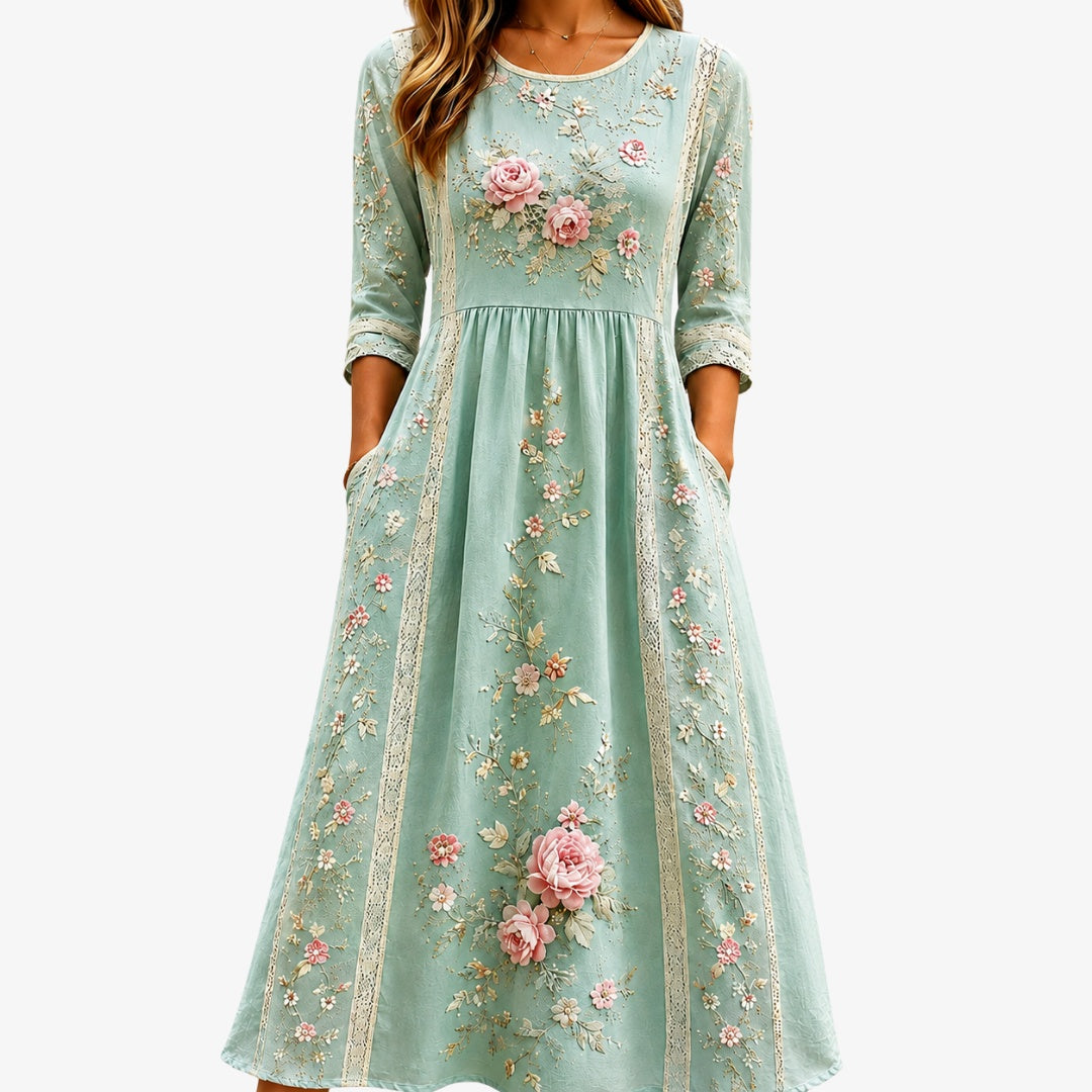 Nuvara | Marisol | Vestido Invitada Otoño Estampado Floral Mujer Midi Manga 3/4