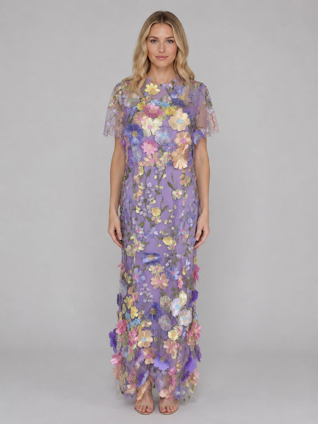 Nuvara | Marisol | Vestido Largo de Invitada de Boda Bordado Floral 3D Mujer Manga Corta