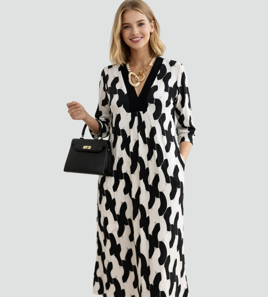 Nuvara | Marisol | Vestido Largo Elegante Estampado Geométrico Mujer Escote V Manga Tres Cuartos