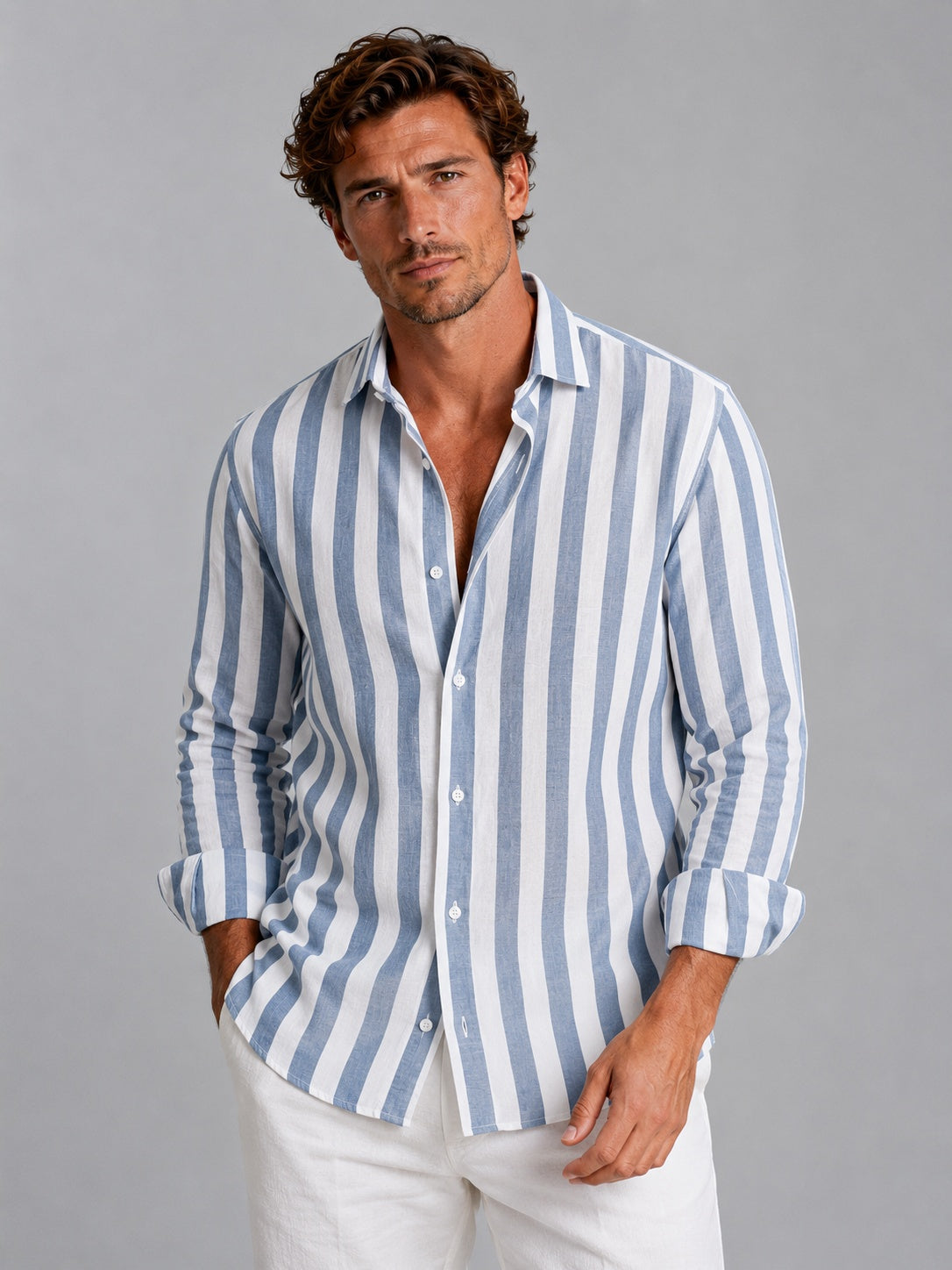 Martí | Camisa de Lino de Manga Larga Hombre Rayas