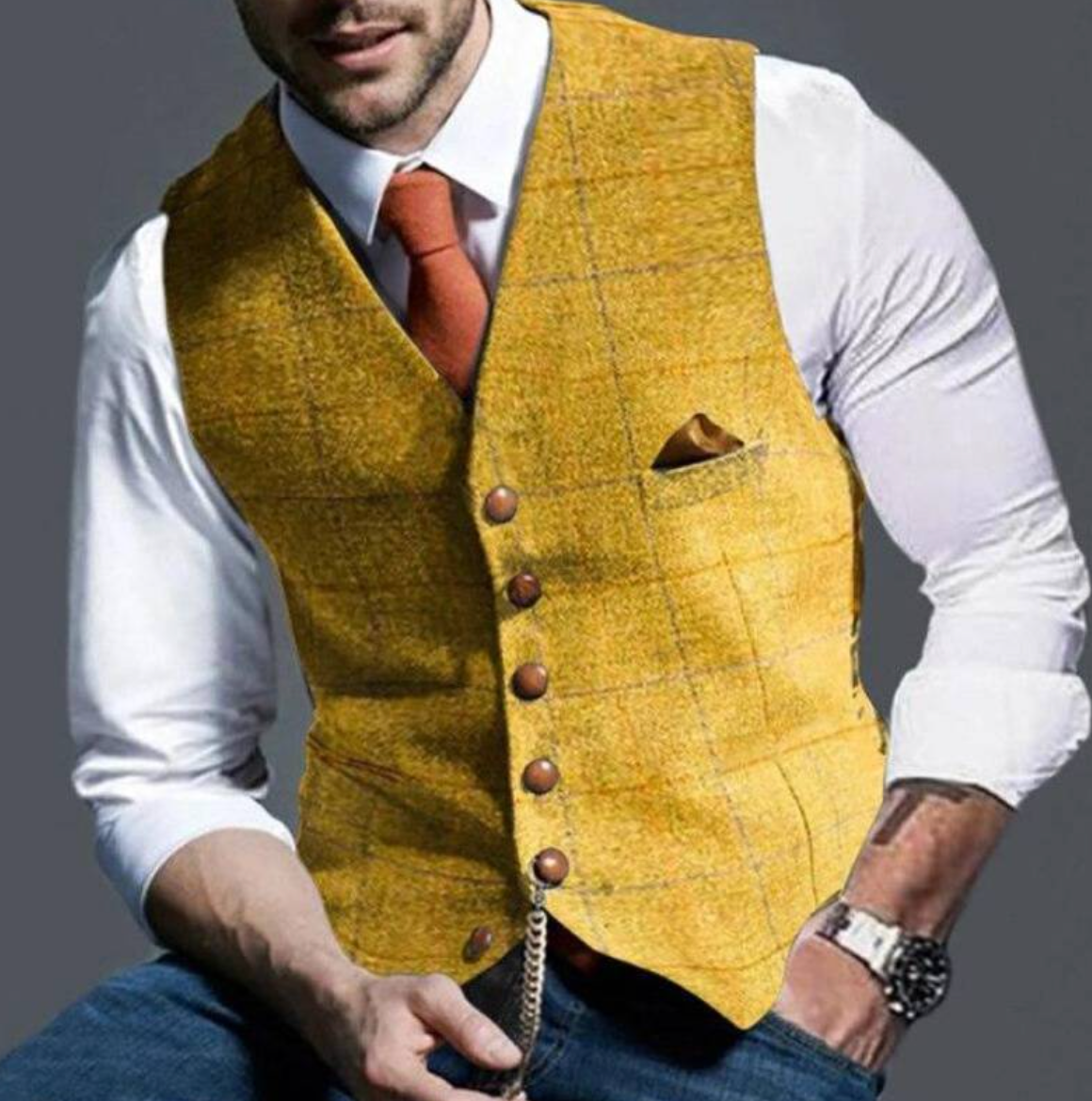 Nuvara | Mateo | Gilet Hombre Tweed Cuadros Botonadura Frontal