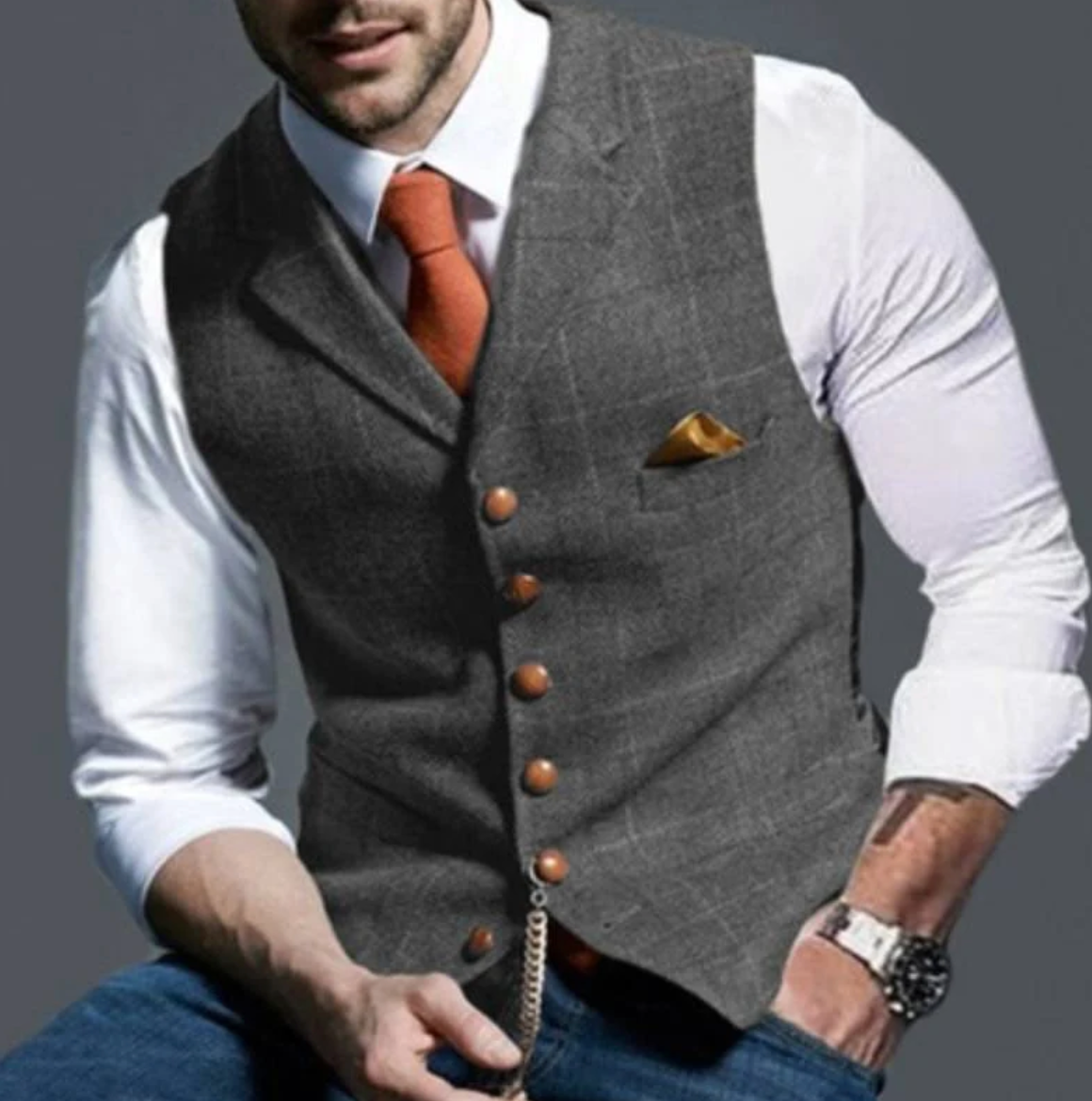 Nuvara | Mateo | Gilet Hombre Tweed Cuadros Botonadura Frontal