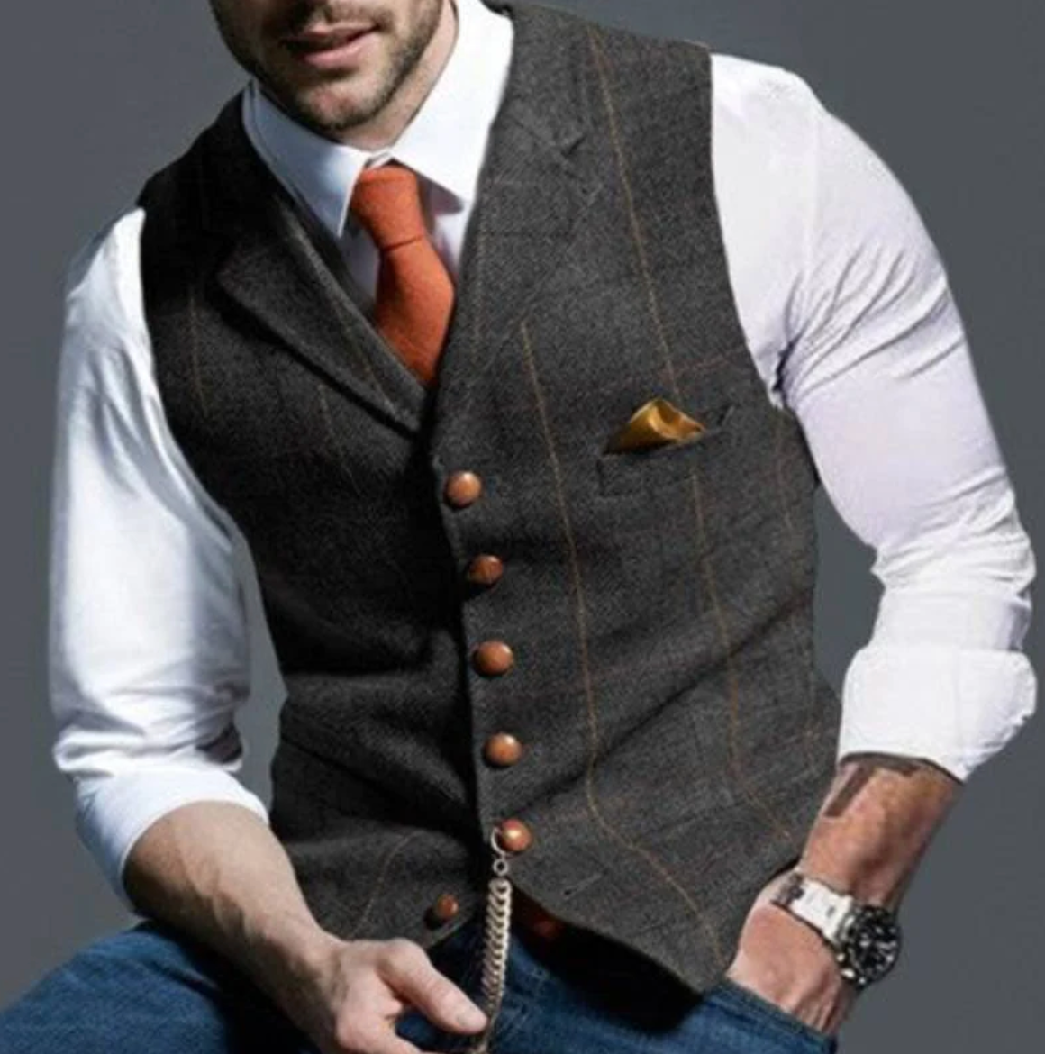Nuvara | Mateo | Gilet Hombre Tweed Cuadros Botonadura Frontal