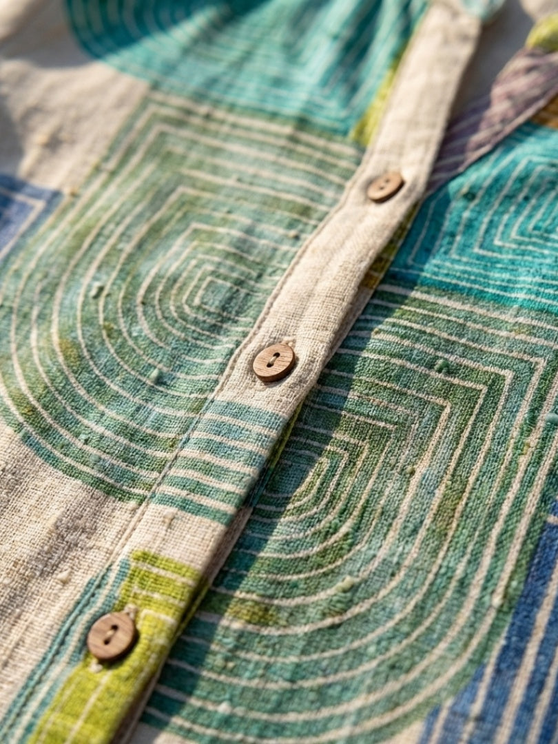 Nuvara | Mencía | Vestido Corto Camisero Estampado Geométrico Mujer Manga Corta