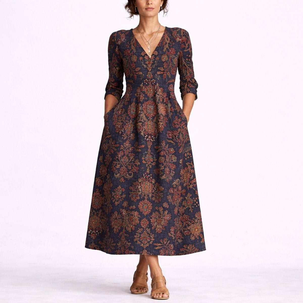 Nuvara | Mencía | Vestido Invitada Invierno Estampado Floral Mujer Manga 3/4 Bolsillos