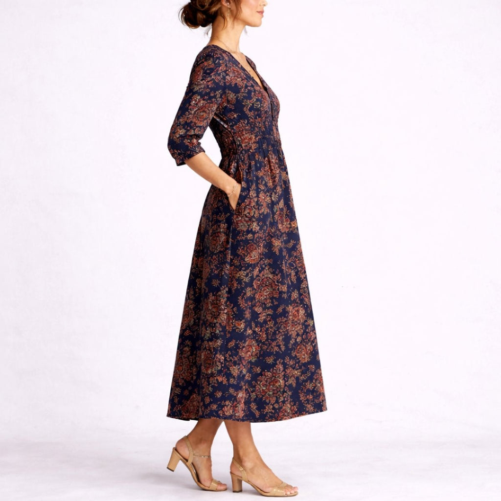 Nuvara | Mencía | Vestido Invitada Invierno Estampado Floral Mujer Manga 3/4 Bolsillos