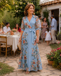 Nuvara | Mencía | Vestido Largo Floral de Invitada Mujer Manga Larga Cinturón
