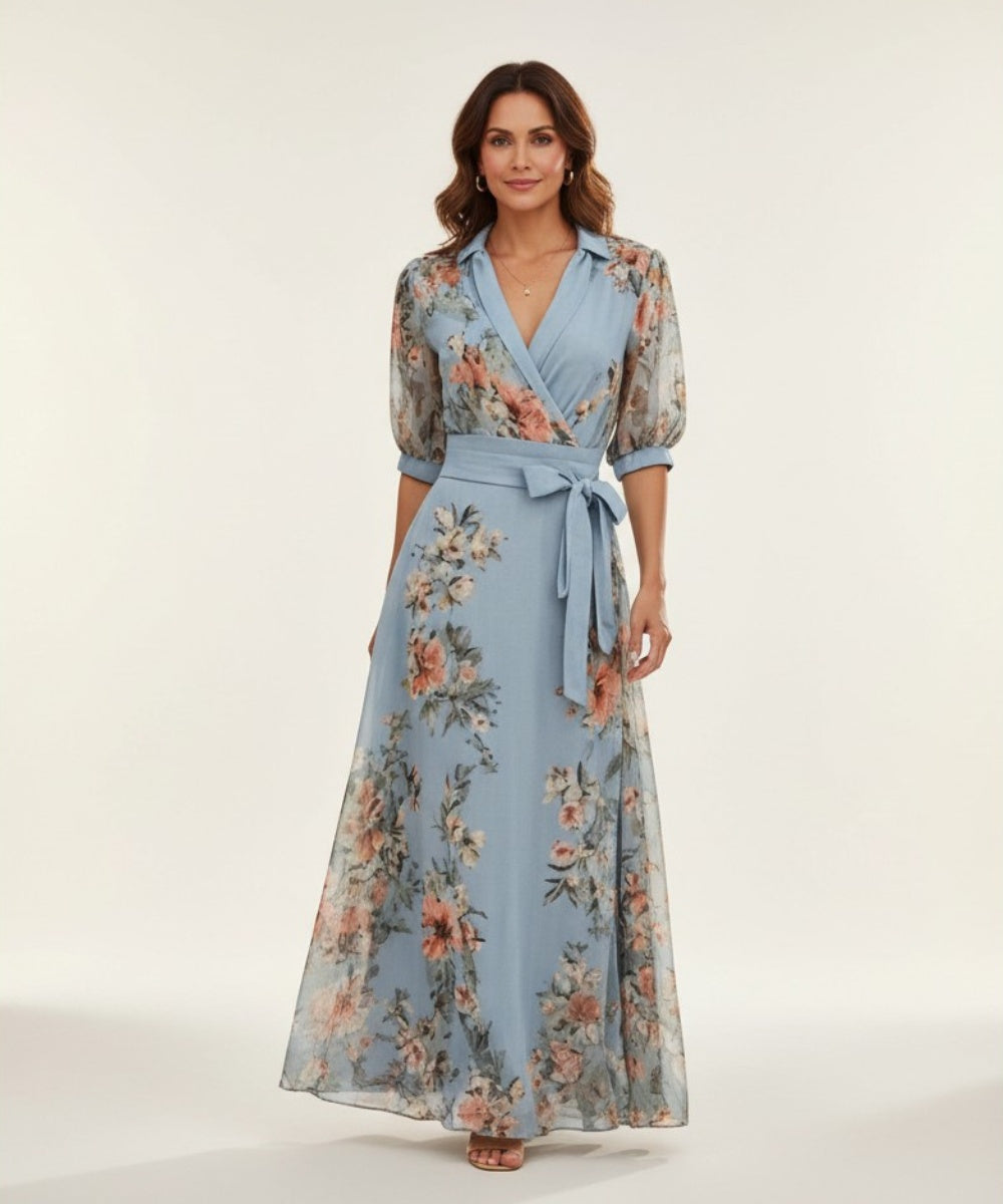 Nuvara | Mencía | Vestido Largo Floral de Invitada Mujer Manga Larga Cinturón