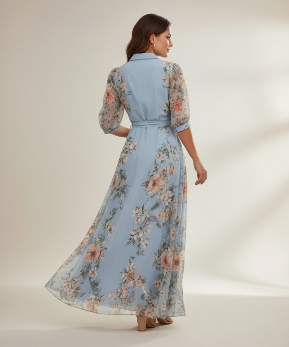 Nuvara | Mencía | Vestido Largo Floral de Invitada Mujer Manga Larga Cinturón