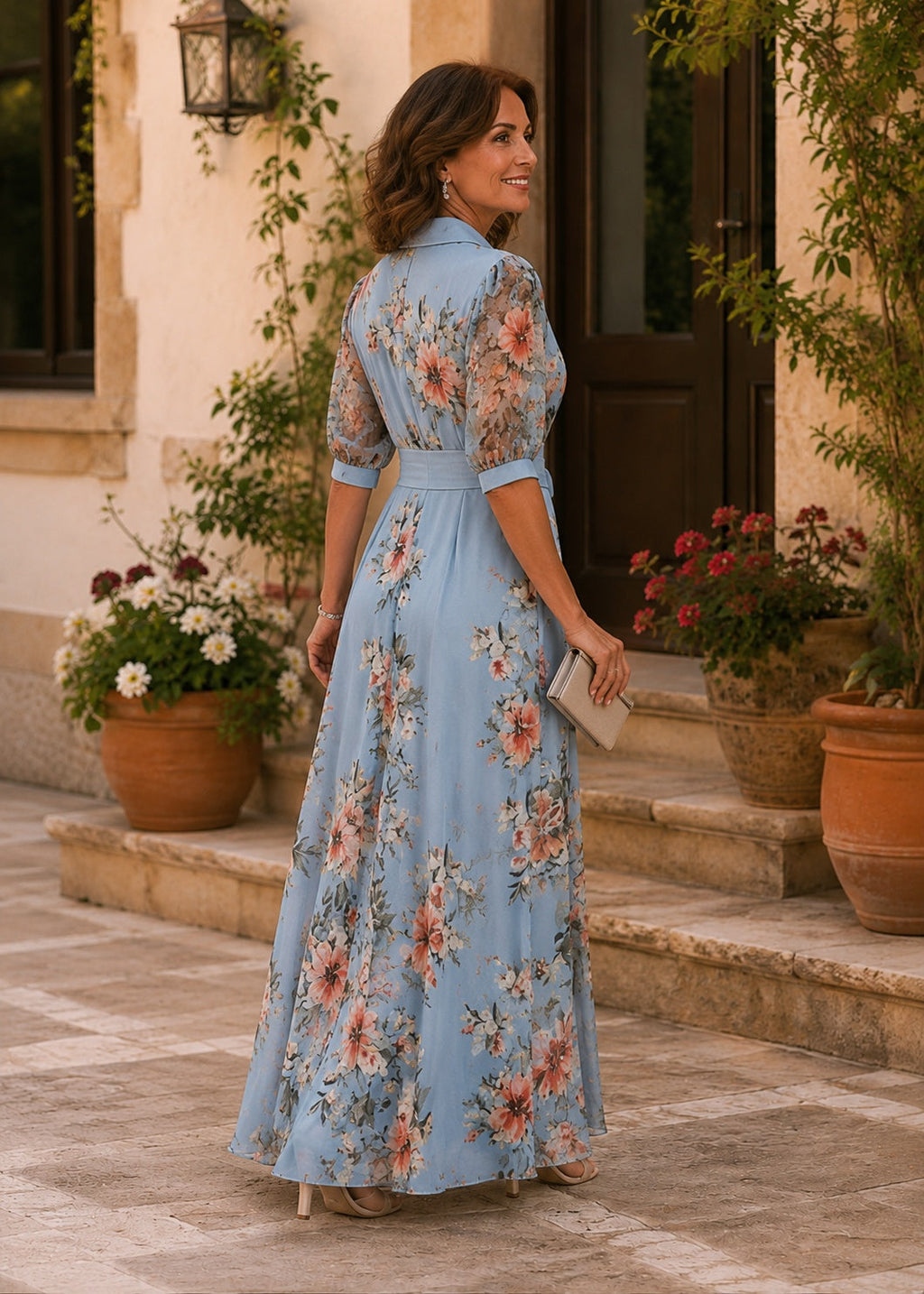 Nuvara | Mencía | Vestido Largo Floral de Invitada Mujer Manga Larga Cinturón