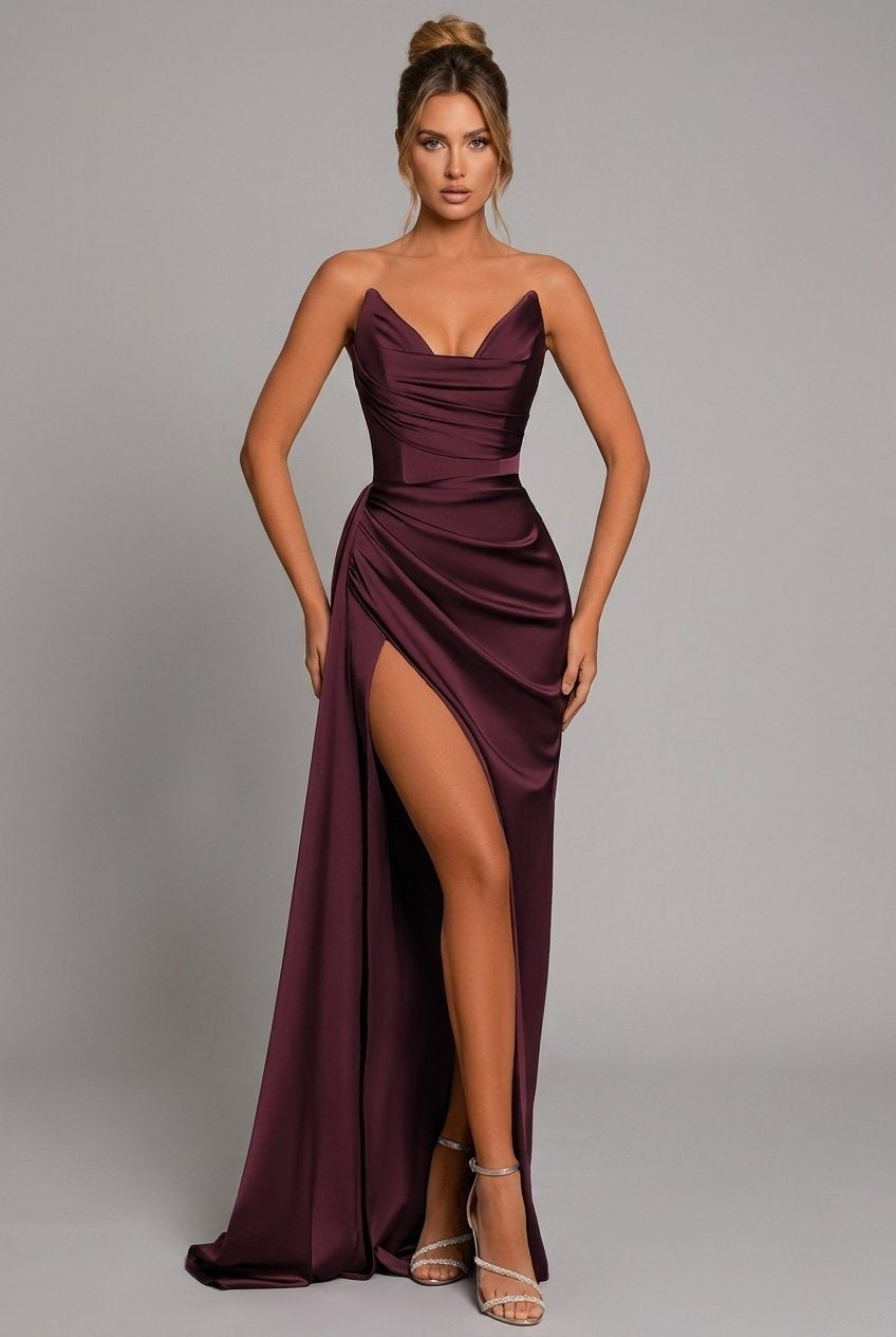 Nuvara | Mencía | Vestido Largo Palabra de Honor Mujer Drapeado Abertura Lateral
