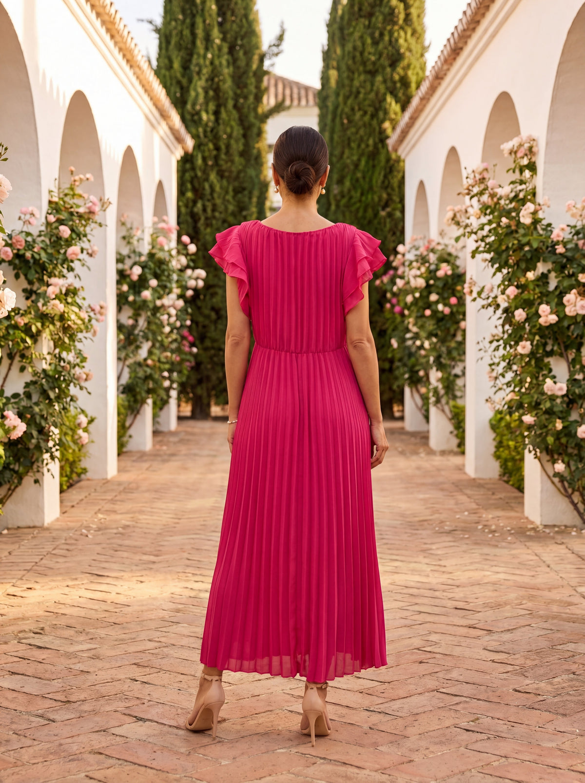 Nuvara | Mencía | Vestido Largo Plisado de Invitada Boda Invierno Mujer Manga Mariposa