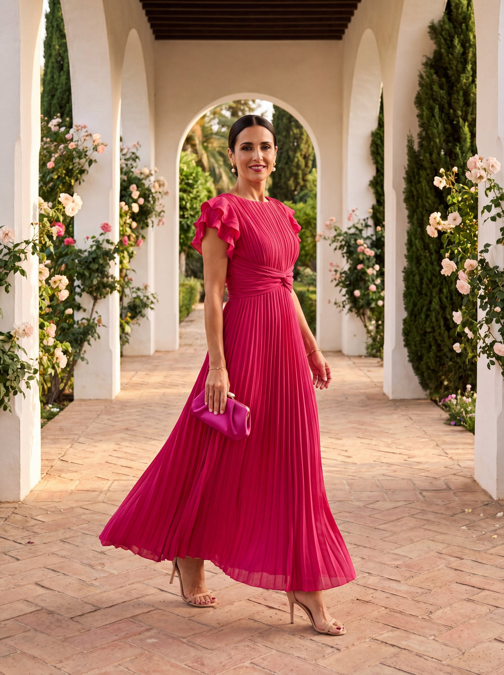 Nuvara | Mencía | Vestido Largo Plisado de Invitada Boda Invierno Mujer Manga Mariposa