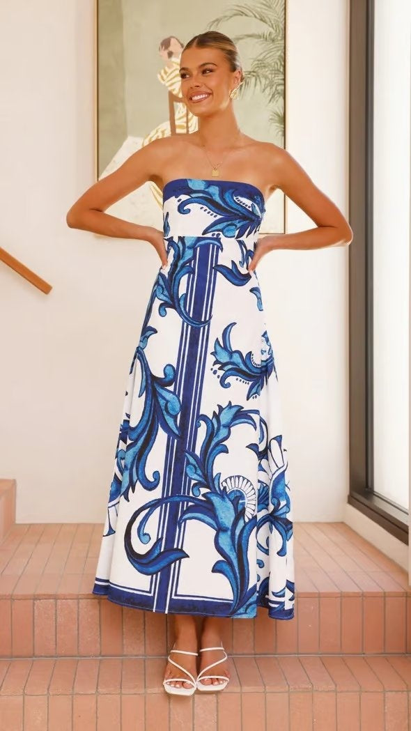 Nuvara | Mencía | Vestido Palabra de Honor Estampado Largo Mujer Sin Tirantes