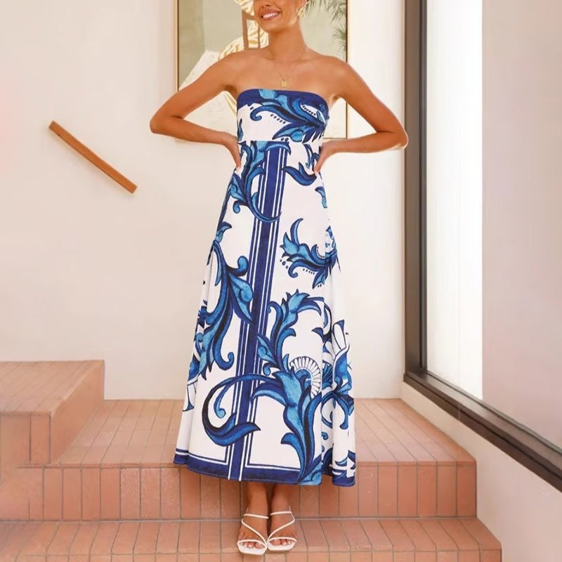 Nuvara | Mencía | Vestido Palabra de Honor Estampado Largo Mujer Sin Tirantes