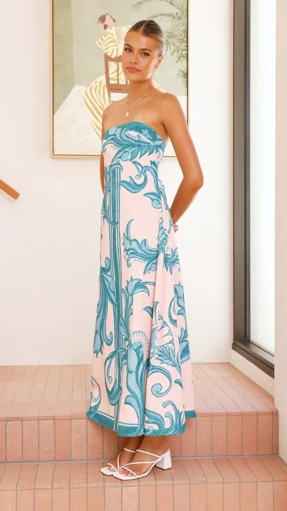 Nuvara | Mencía | Vestido Palabra de Honor Estampado Largo Mujer Sin Tirantes