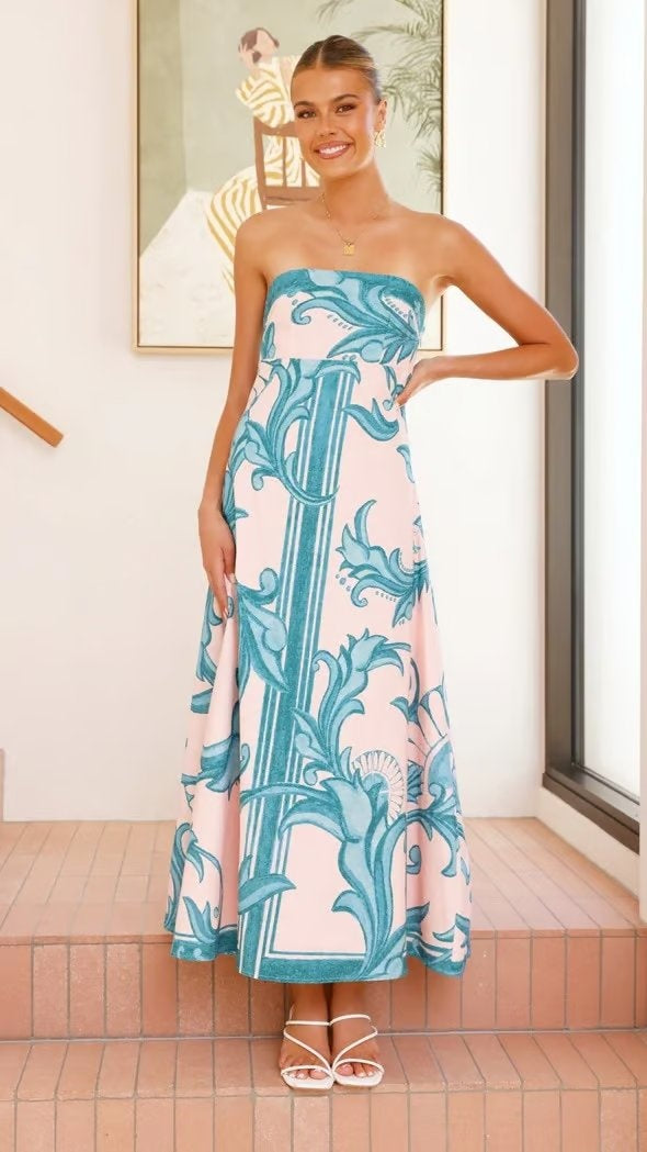 Nuvara | Mencía | Vestido Palabra de Honor Estampado Largo Mujer Sin Tirantes