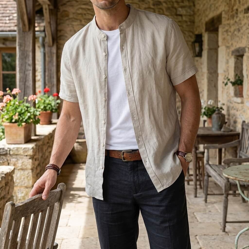 Miguel | Camisa de Lino de Manga Corta Hombre Cuello Mao