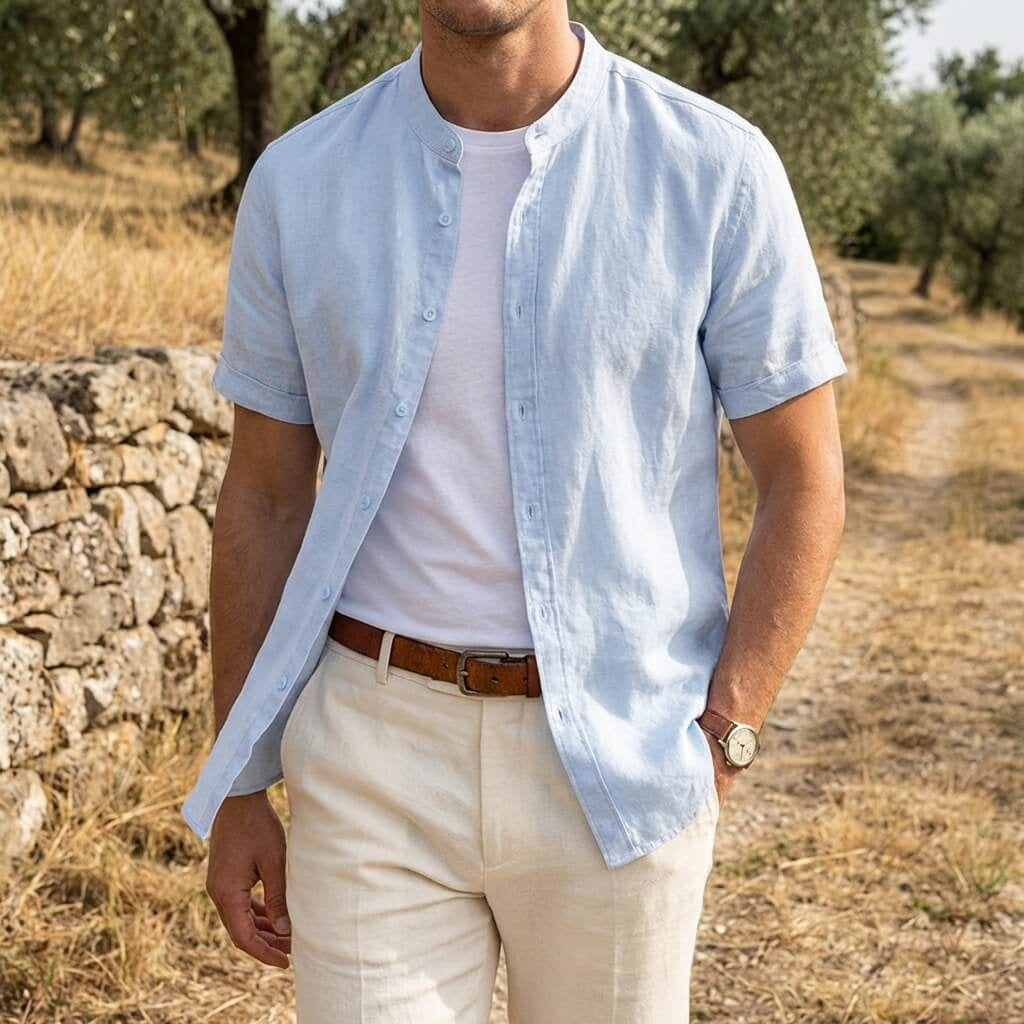 Miguel | Camisa de Lino de Manga Corta Hombre Cuello Mao