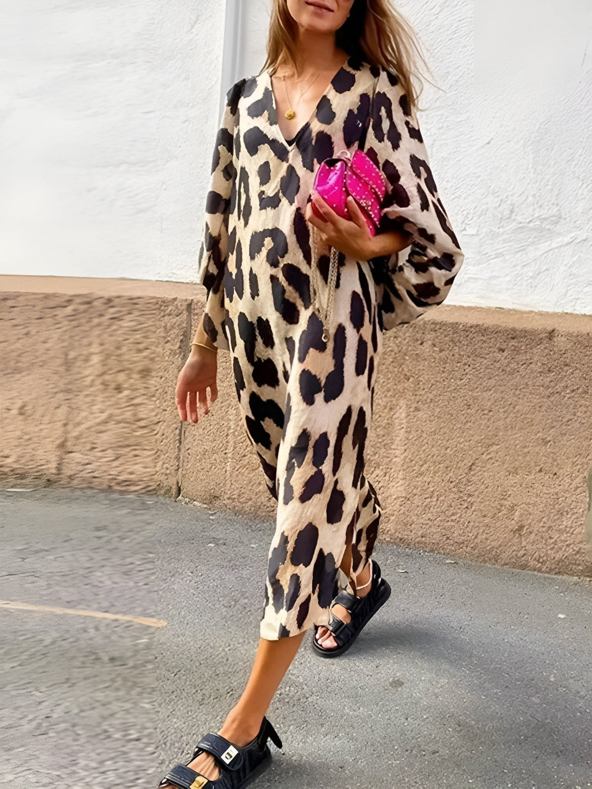 Nuvara | Mónica | Vestido Largo Casual Mujer Estampado Animal Print Escote V