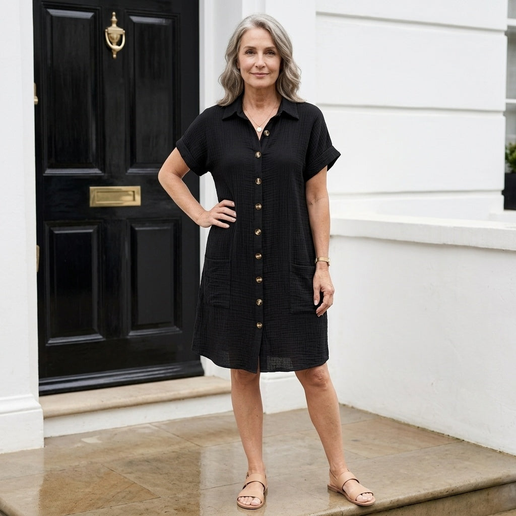 Nuvara | Montserrat | Vestido Camisero Corto Mujer Manga Corta Bolsillos