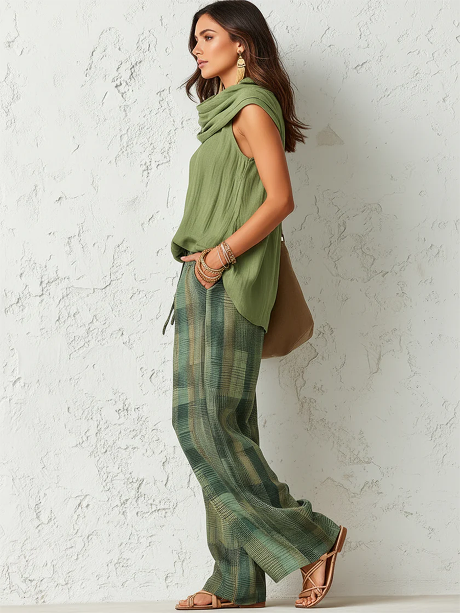 Nuvara | Natalia | Conjunto Pantalón de Pierna Ancha Mujer Estampado Cuadros