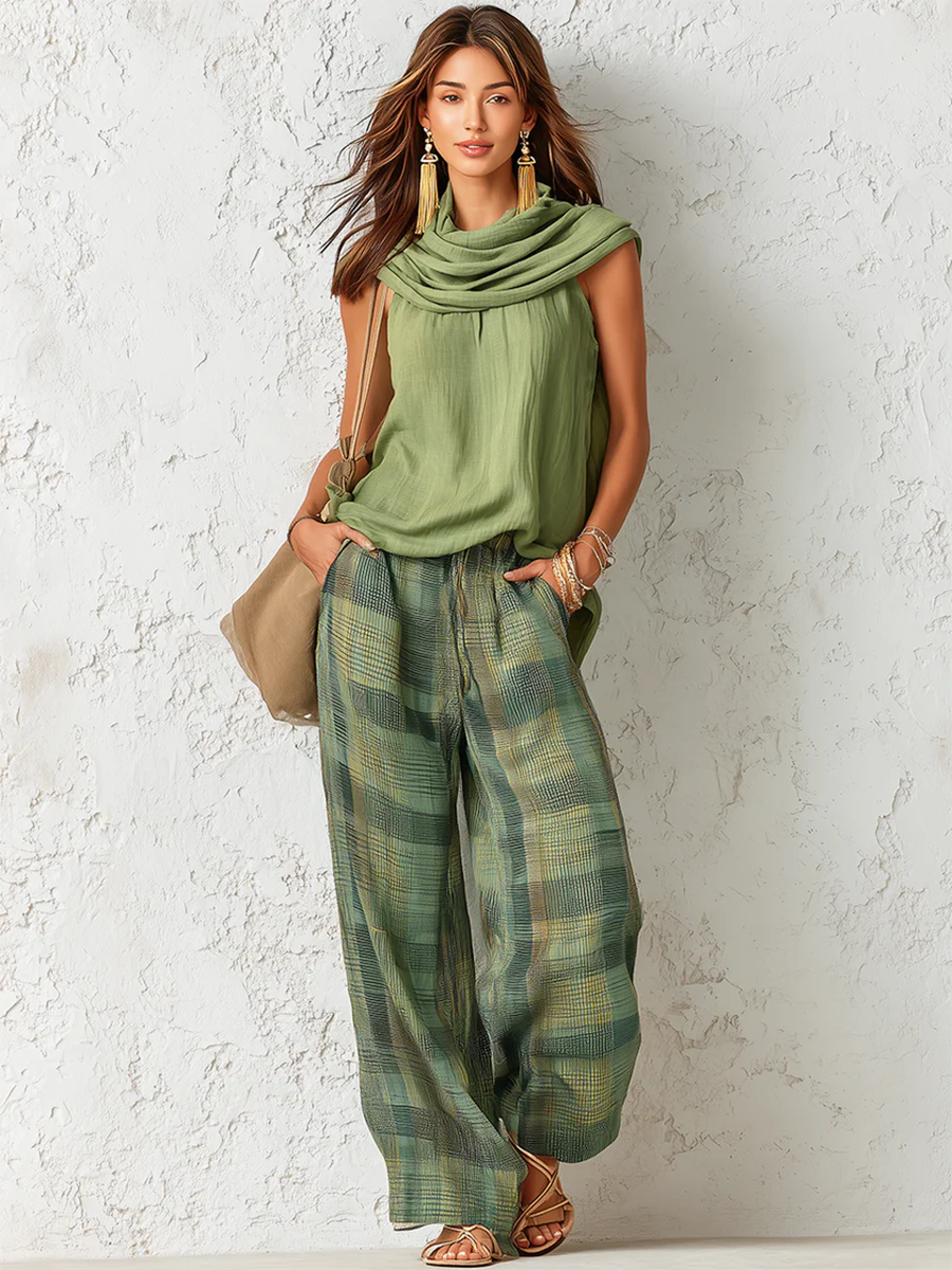 Nuvara | Natalia | Conjunto Pantalón de Pierna Ancha Mujer Estampado Cuadros