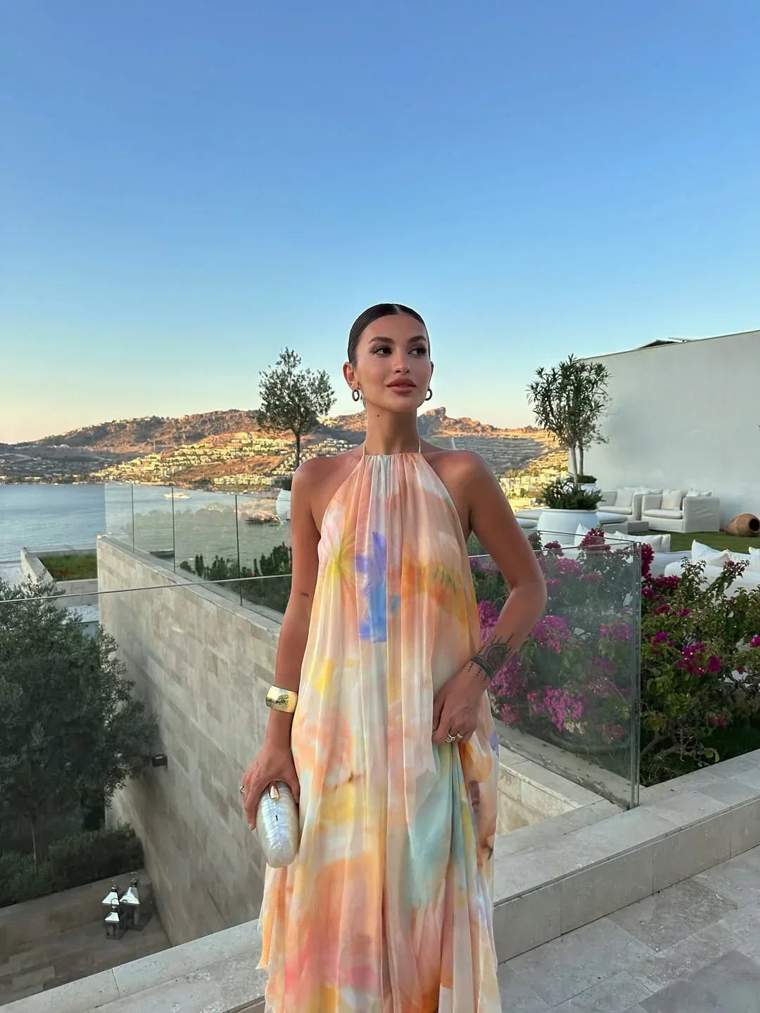 Nuvara | Natalia | Vestido Largo Lencero Mujer Halter Estampado Acuarela
