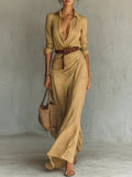 Nuvara | Nerea | Vestido Largo Camisero con Cinturón Mujer Escote V