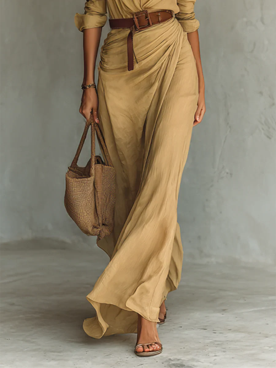 Nuvara | Nerea | Vestido Largo Camisero con Cinturón Mujer Escote V