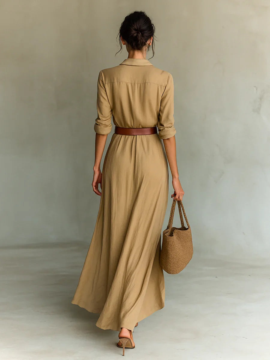Nuvara | Nerea | Vestido Largo Camisero con Cinturón Mujer Escote V