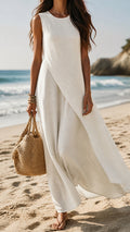 Nuvara | Nerea | Women's Simple Long Wedding Dress Sleeveless Round Neck