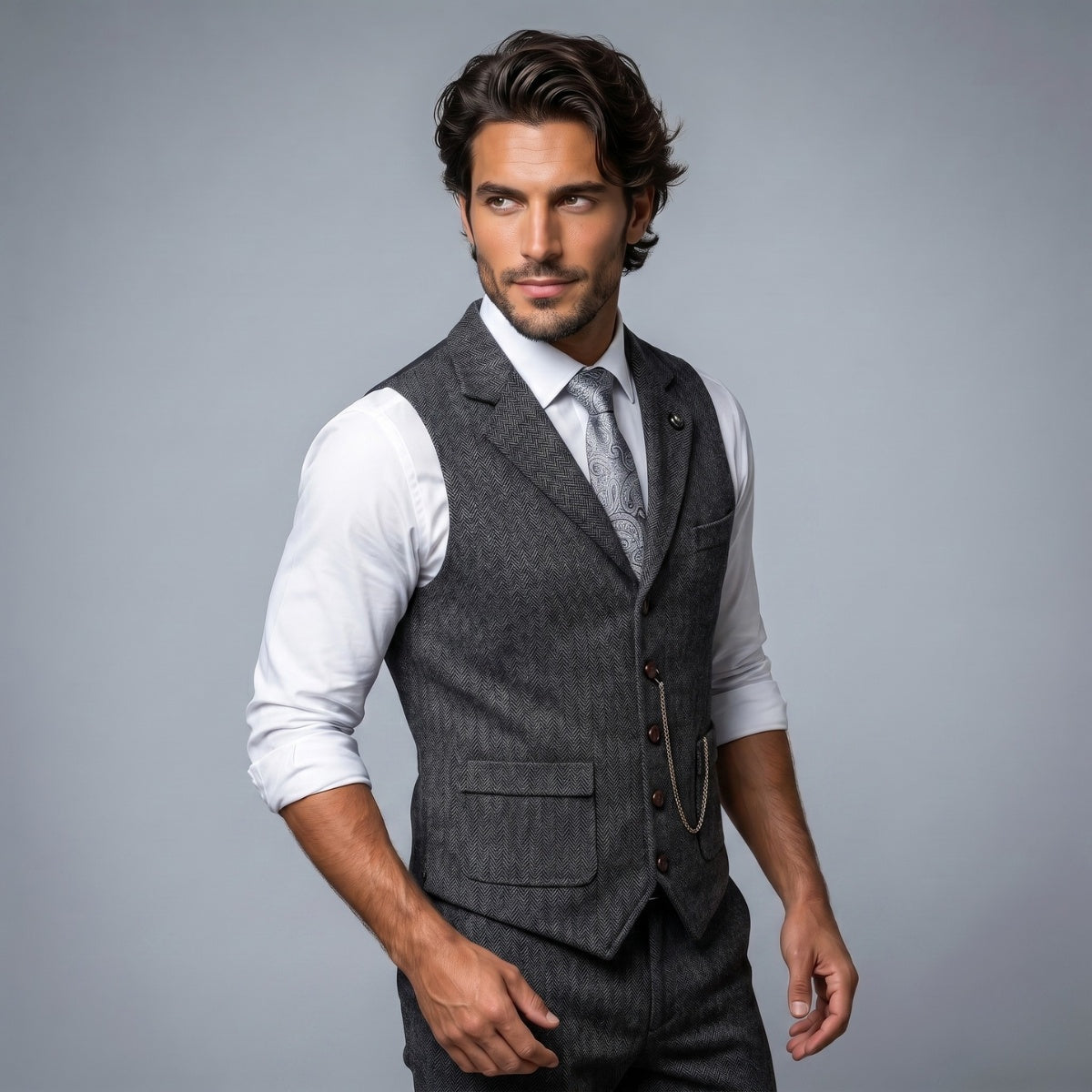 Nuvara | Nicolás | Chaleco de Tweed Hombre Espiga Solapa Entallado
