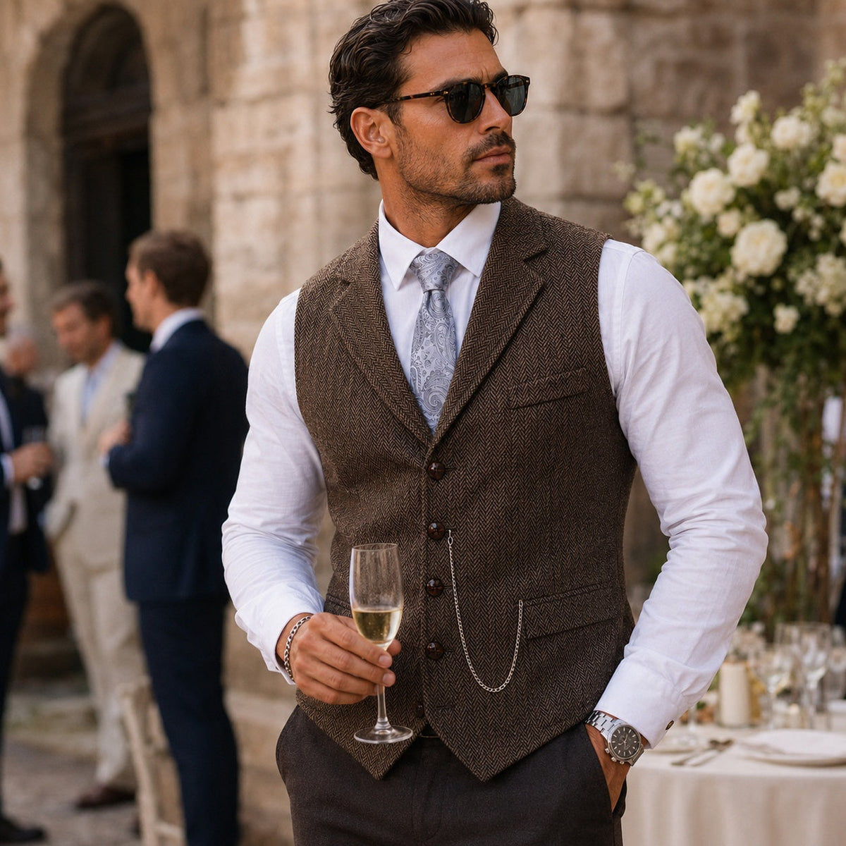 Nuvara | Nicolás | Chaleco de Tweed Hombre Espiga Solapa Entallado