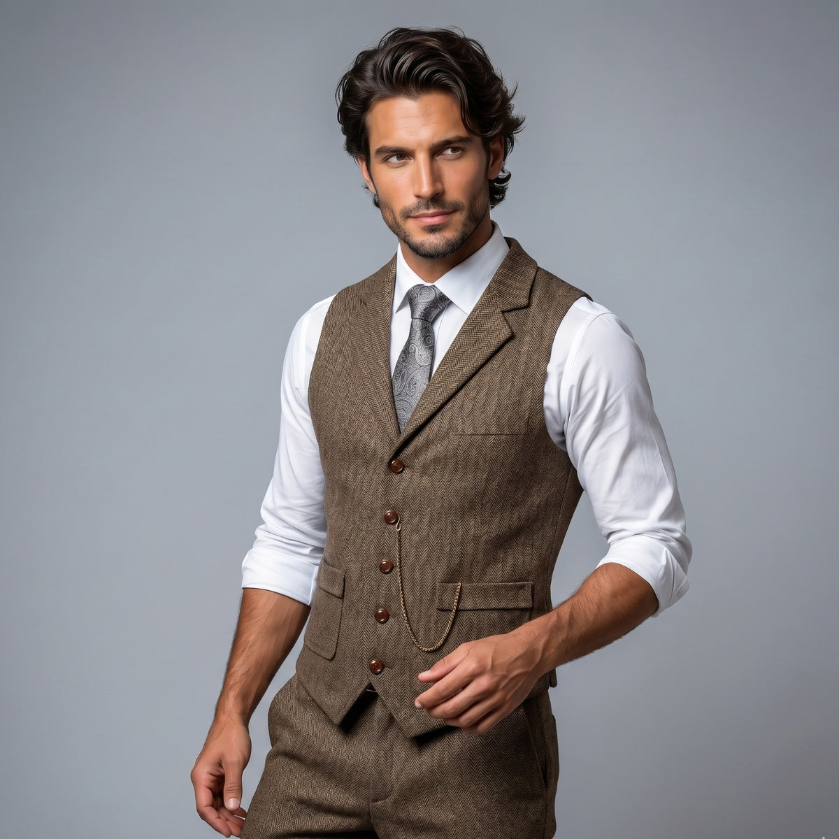 Nuvara | Nicolás | Chaleco de Tweed Hombre Espiga Solapa Entallado