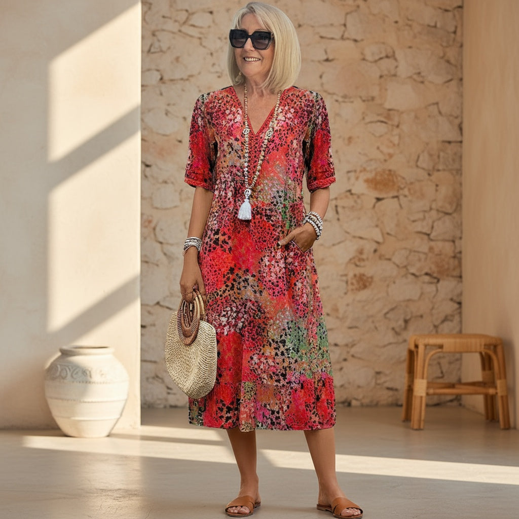 Nuvara | Noelia | Vestido Midi Floral Mujer Escote V Manga Corta